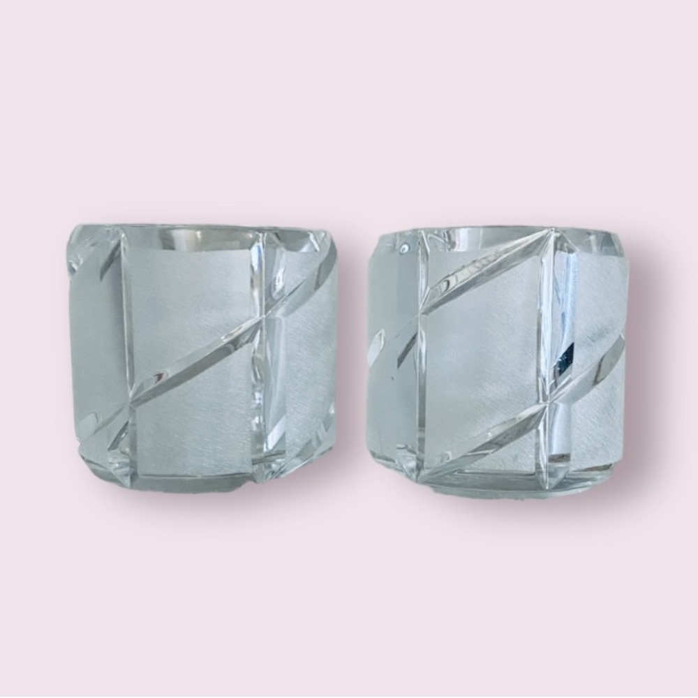 Vtg USA 24% Lead Crystal, Frosted Panels & Diamond Cut Tealight Candle Holders